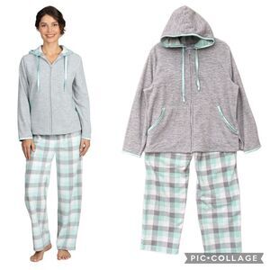 Pajamagram Gray Green Fuzzy Snuggle Fleece Hoodie Jacket Plaid Pants Women Large
